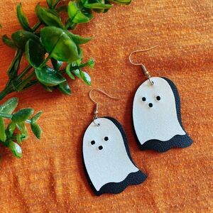 Black & White Glitter Faux Leather Halloween Ghost Drop Layered Dangle Earrings